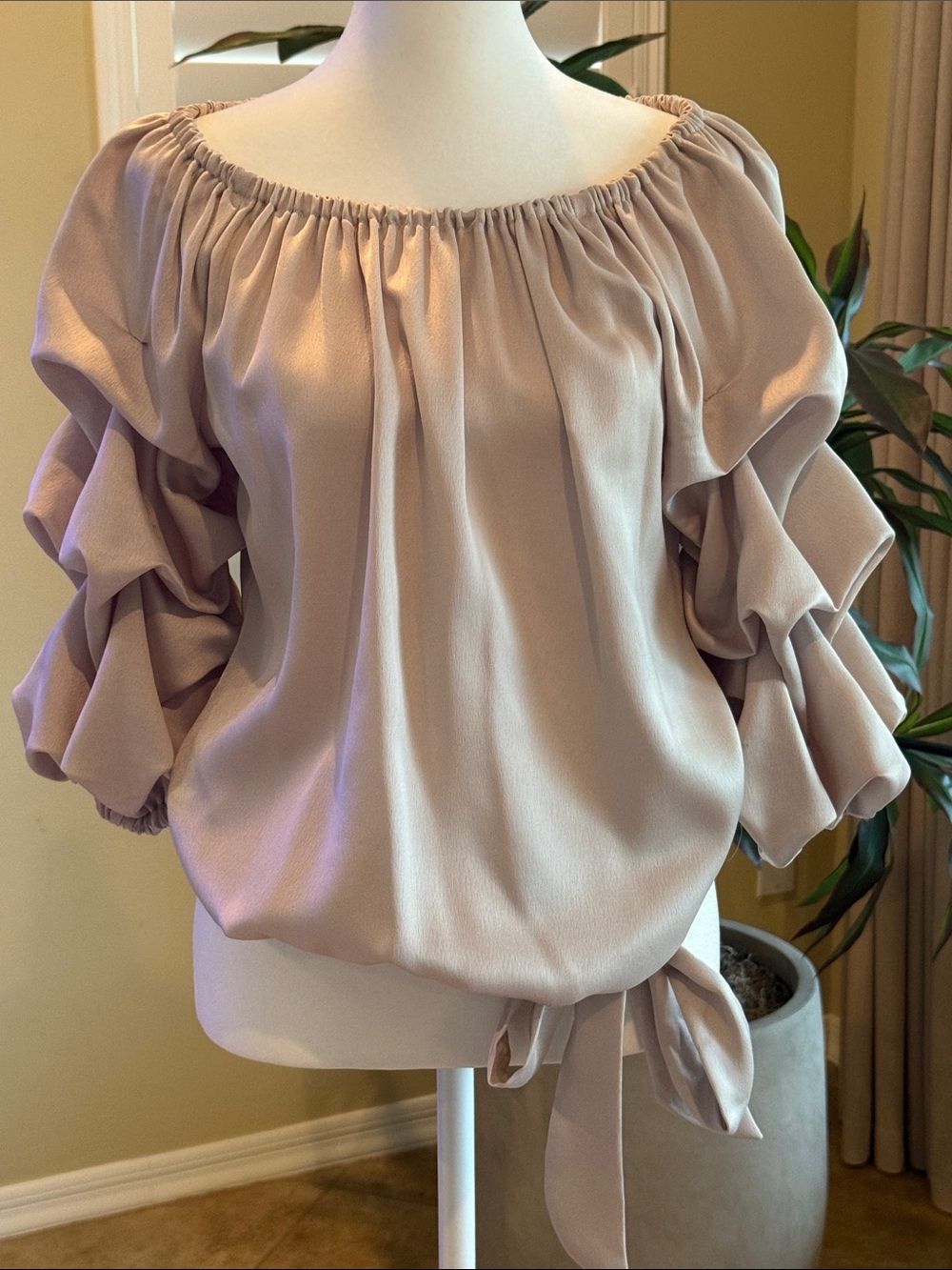MSK Off-Shoulder Blouson Top with 3/4 Ruffle Tiered Sleeves - Champagne Color